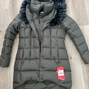 The North Face Dark Green Puffer Jacket with Black Faux Fur Hood